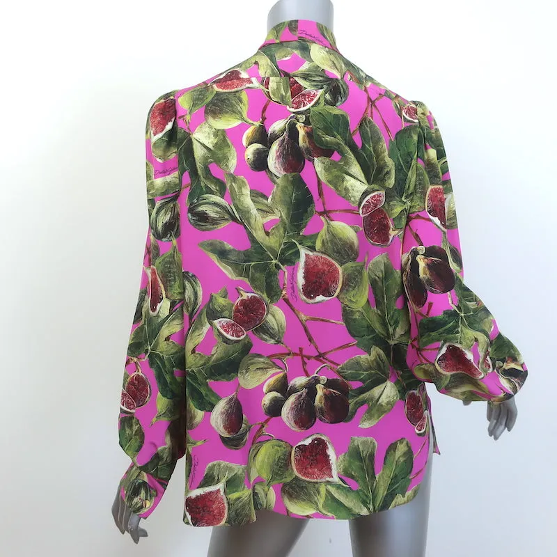 Dolce & Gabbana Blouse à Nœud Papillon Imprimé Figue Soie Rose Taille 44 Haut à Manches Longues