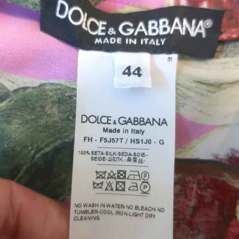 Dolce & Gabbana Blouse à Nœud Papillon Imprimé Figue Soie Rose Taille 44 Haut à Manches Longues