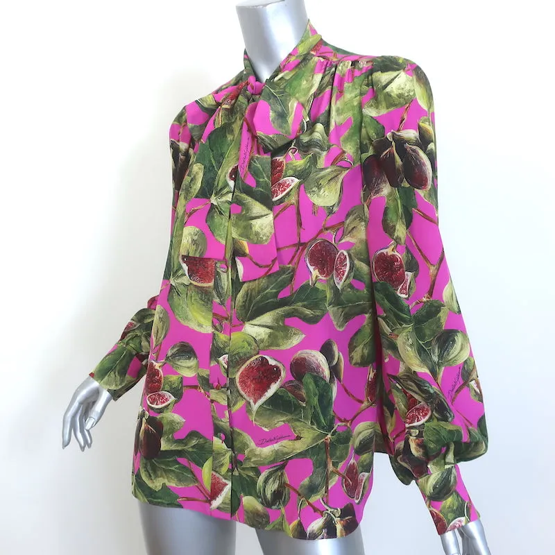 Dolce & Gabbana Blouse à Nœud Papillon Imprimé Figue Soie Rose Taille 44 Haut à Manches Longues