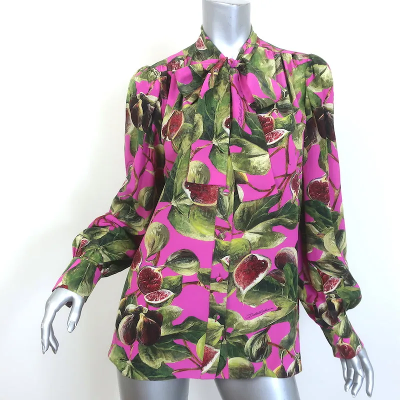 Dolce & Gabbana Blouse à Nœud Papillon Imprimé Figue Soie Rose Taille 44 Haut à Manches Longues