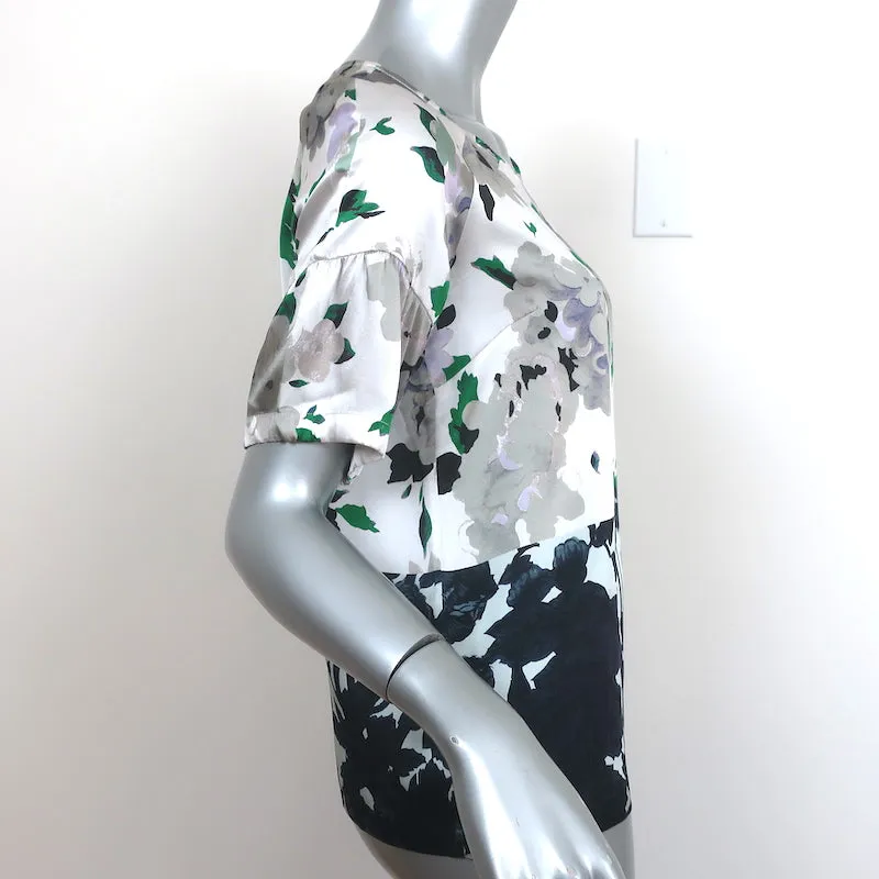 Dries Van Noten Blouse en satin de soie à imprimé floral argenté Taille 36 Haut à manches courtes