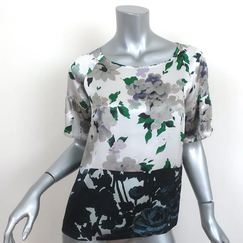 Dries Van Noten Blouse en satin de soie à imprimé floral argenté Taille 36 Haut à manches courtes