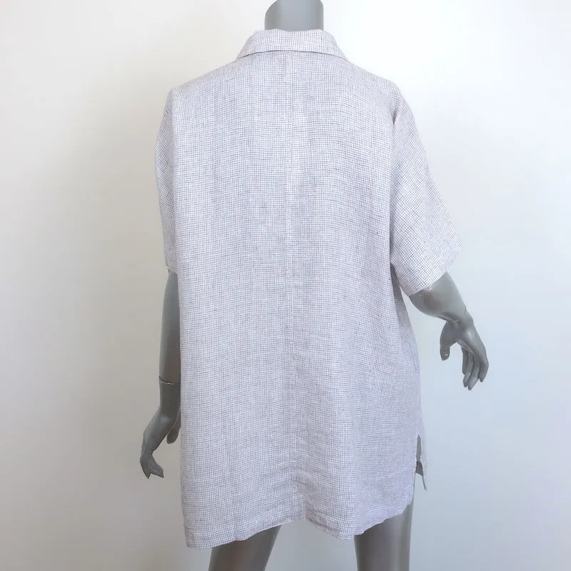 Eileen Fisher Chemise Classique à Col Vérifié en Lin Blanc Froissé Taille Large NEUF