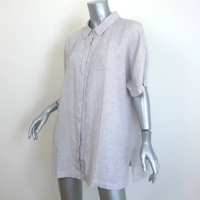 Eileen Fisher Chemise Classique à Col Vérifié en Lin Blanc Froissé Taille Large NEUF