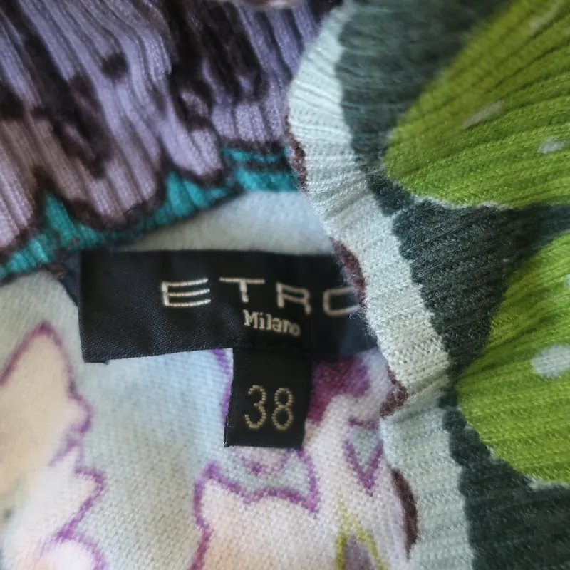 Pull Etro à col ras du cou et manches courtes, imprimé gris/multicolore, taille 38