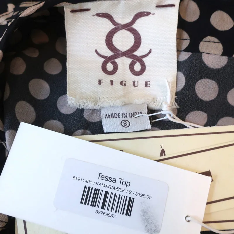 Figue Blouse à Volants Tessa Noir à Pois Crêpe Taille Petite Nouvelle avec Attache à Franges
