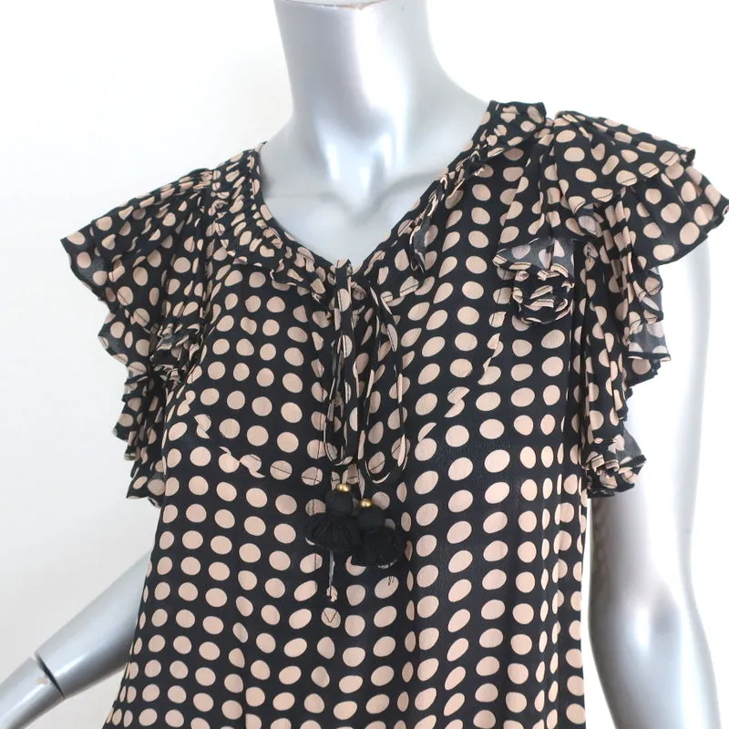 Figue Blouse à Volants Tessa Noir à Pois Crêpe Taille Petite Nouvelle avec Attache à Franges