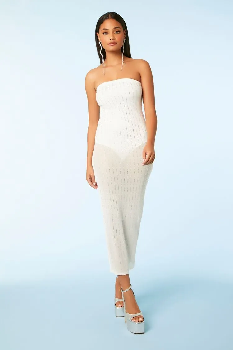 Forever 21 Robe mi-longue tube à strass pour femme Blanc/Multicolore Forever 21