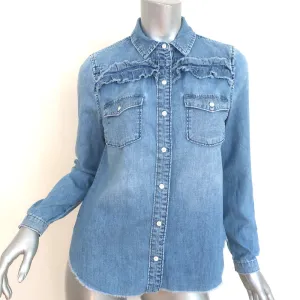 FRAME Denim Ruffle Yoke Shirt Kent Blue Cotton Size Small Long Sleeve Top