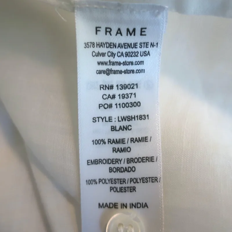 FRAME Blouse brodée à col haut en ramie blanche Taille Très Petite Manches courtes