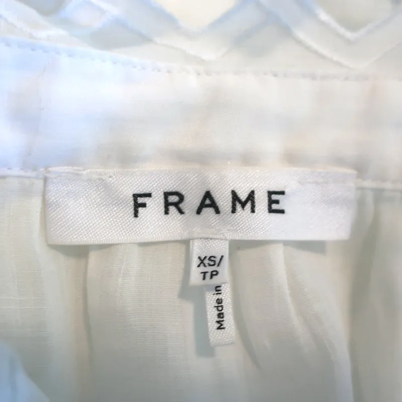 FRAME Blouse brodée à col haut en ramie blanche Taille Très Petite Manches courtes