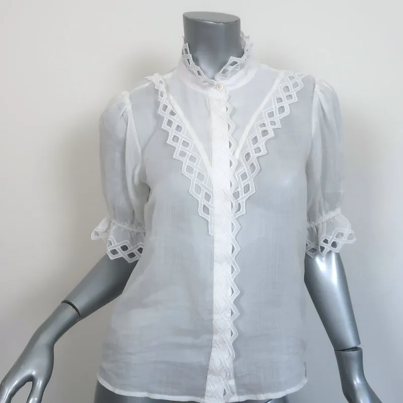 FRAME Blouse brodée à col haut en ramie blanche Taille Très Petite Manches courtes