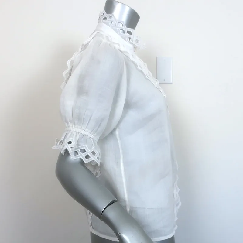 FRAME Blouse brodée à col haut en ramie blanche Taille Très Petite Manches courtes