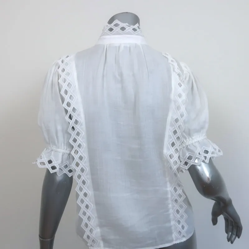 FRAME Blouse brodée à col haut en ramie blanche Taille Très Petite Manches courtes