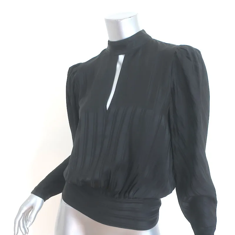 FRAME Blouse à encolure keyhole Noir Jacquard Rayé Soie Taille Petite Haut à Manches Longues