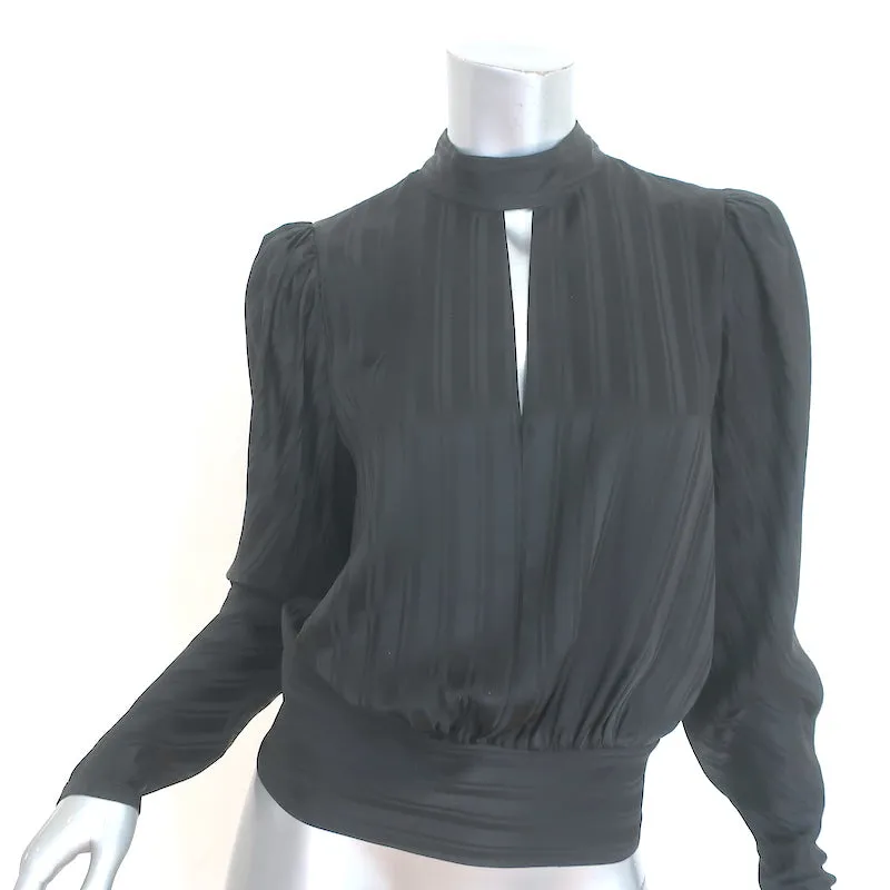 FRAME Blouse à encolure keyhole Noir Jacquard Rayé Soie Taille Petite Haut à Manches Longues