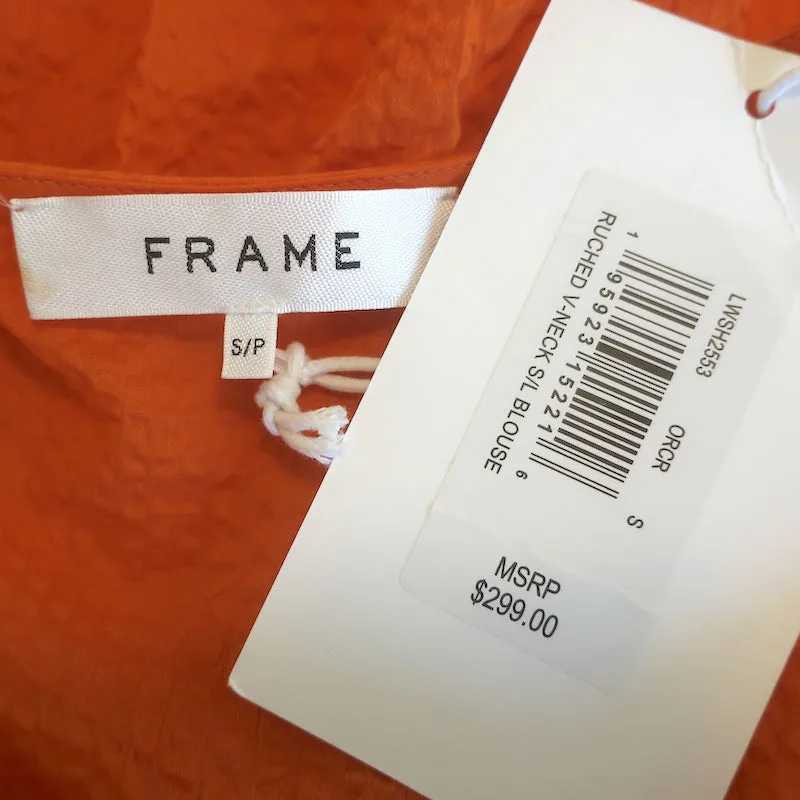 FRAME Blouse à encolure en V froncée en coton orange Taille Petite Haut sans manches NEUF