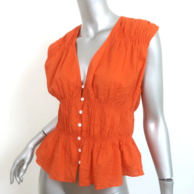 FRAME Blouse à encolure en V froncée en coton orange Taille Petite Haut sans manches NEUF