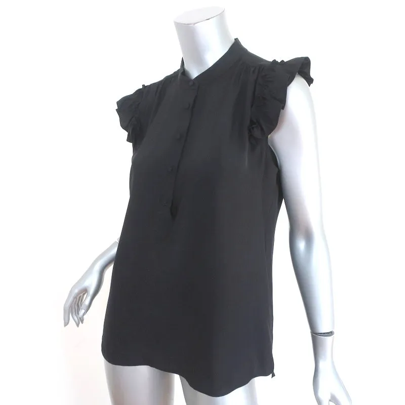 Haut à manches à volants encadrées en soie noire taille petit blouse à demi-boutonnage