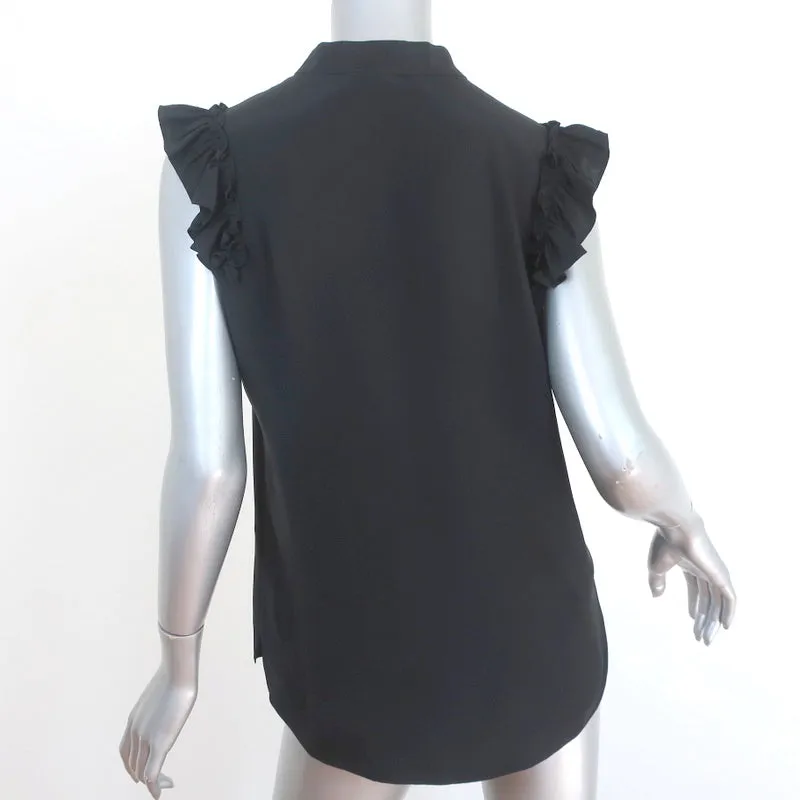 Haut à manches à volants encadrées en soie noire taille petit blouse à demi-boutonnage