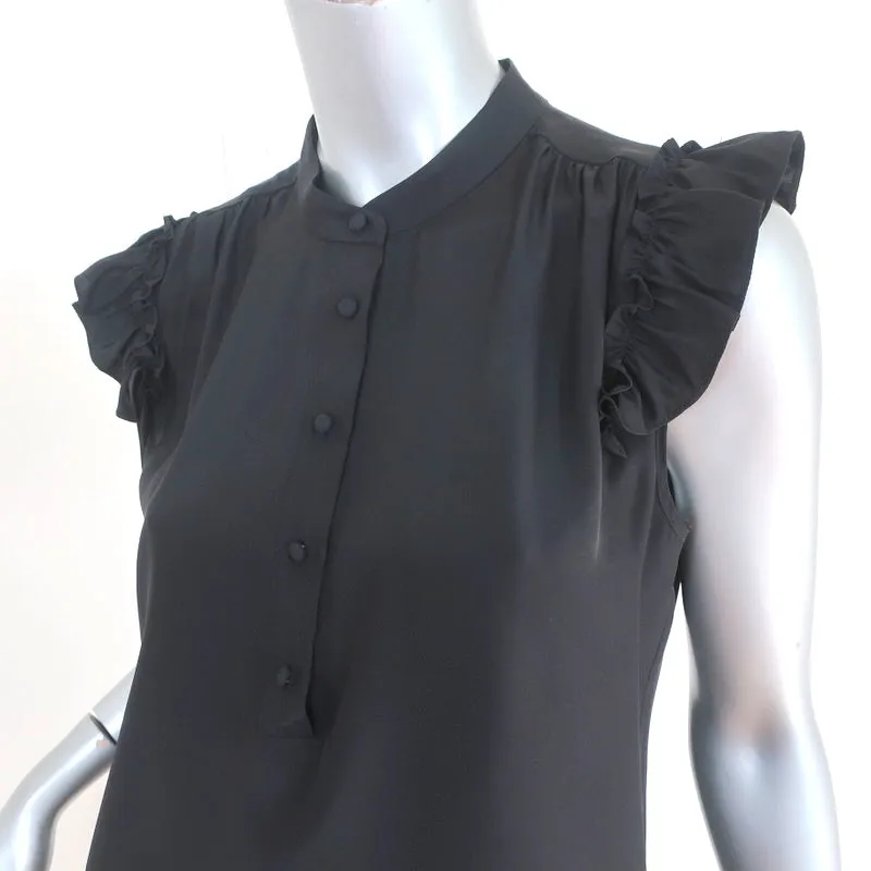 Haut à manches à volants encadrées en soie noire taille petit blouse à demi-boutonnage