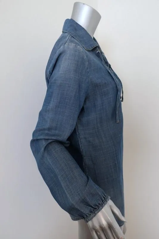 FRAME Chemise à Lacets Blouse Hadley en Chambray Denim Taille Petite Haut à Manches Longues