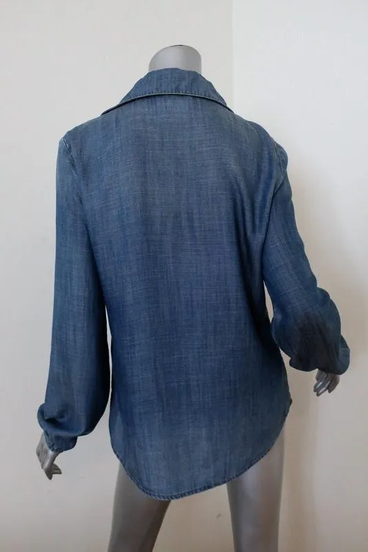 FRAME Chemise à Lacets Blouse Hadley en Chambray Denim Taille Petite Haut à Manches Longues