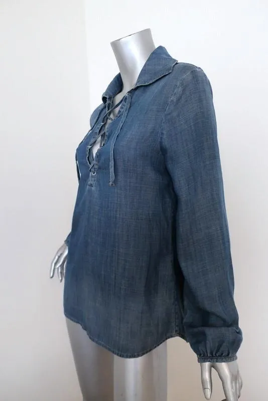 FRAME Chemise à Lacets Blouse Hadley en Chambray Denim Taille Petite Haut à Manches Longues