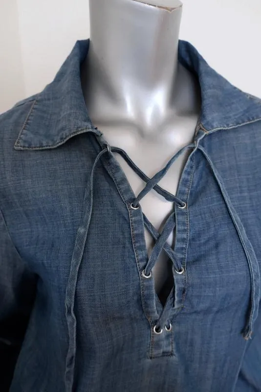 FRAME Chemise à Lacets Blouse Hadley en Chambray Denim Taille Petite Haut à Manches Longues