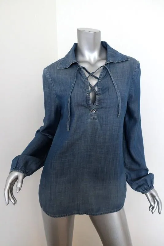 FRAME Chemise à Lacets Blouse Hadley en Chambray Denim Taille Petite Haut à Manches Longues