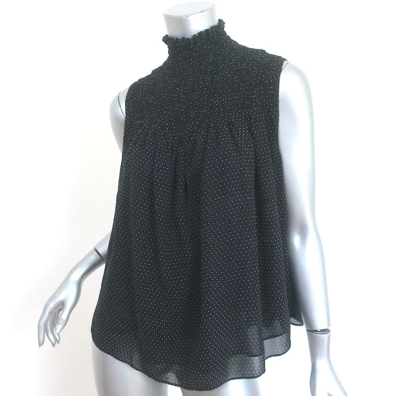 FRAME Blouse sans manches froncée en soie à pois noirs et blancs Taille S
