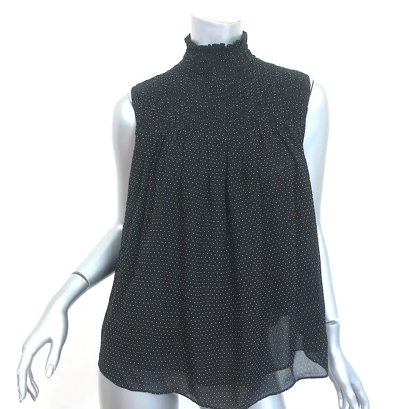 FRAME Blouse sans manches froncée en soie à pois noirs et blancs Taille S
