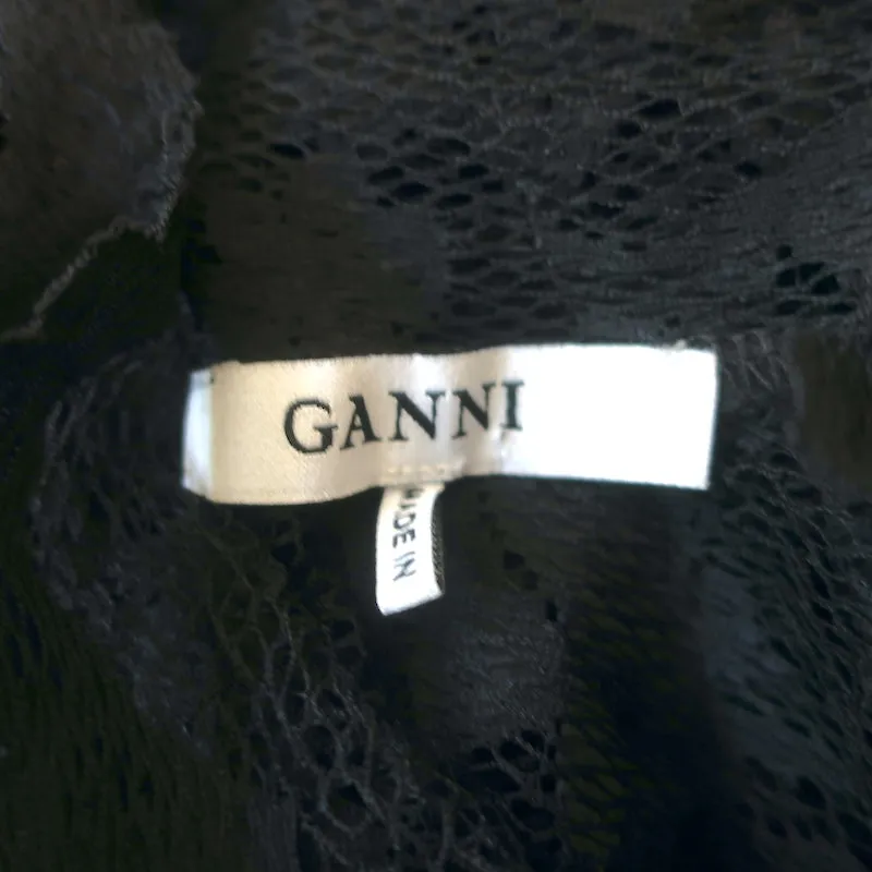 GANNI Top à Pèlerine en Dentelle Noir Taille 38 Blouse à Col Roulé à Manches Longues