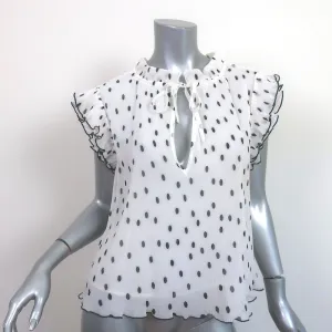 GANNI Polka Dot Top White/Black Pleated Georgette Size 36 Flutter Sleeve Blouse