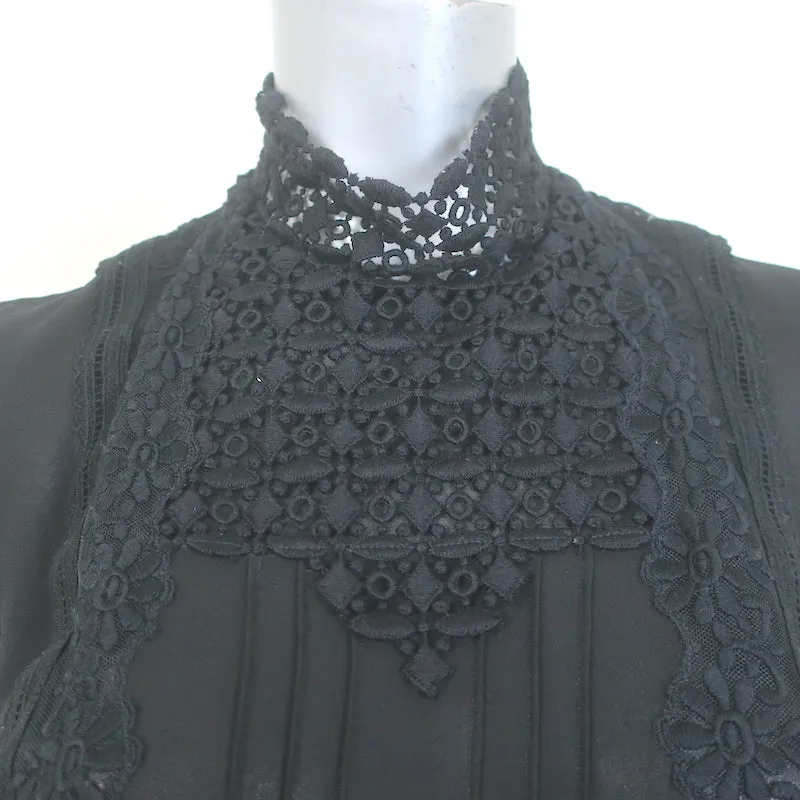 Giambattista Valli Blouse en Soie Noire avec Dentelle au Crochet Taille 42 Manches Longues