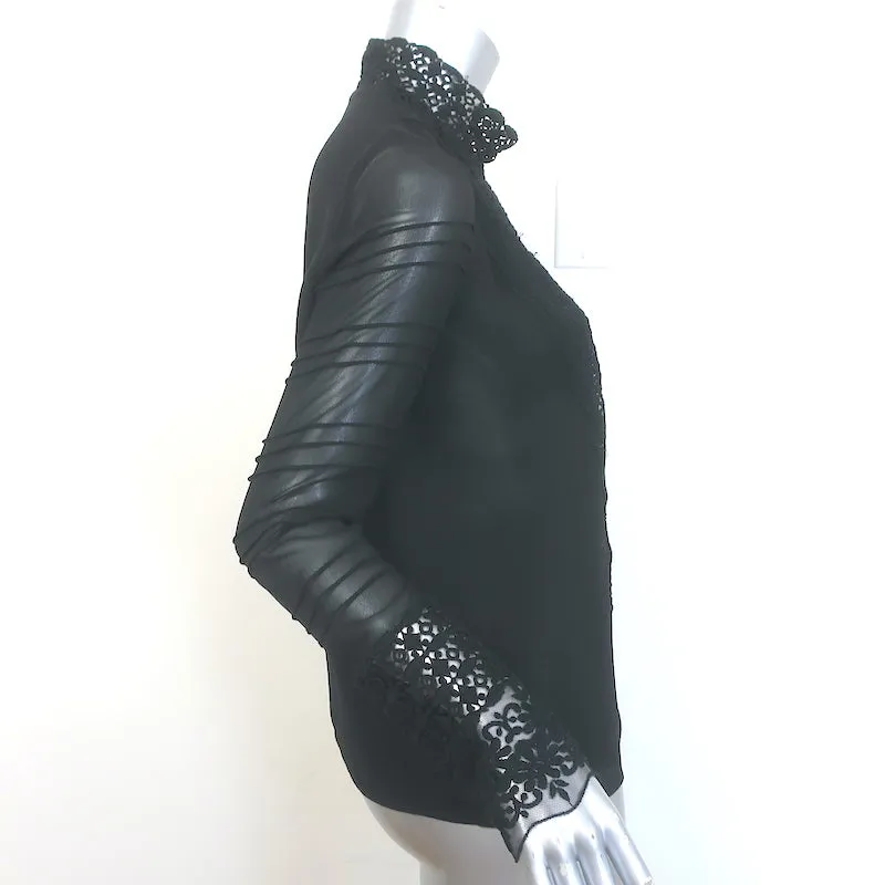 Giambattista Valli Blouse en Soie Noire avec Dentelle au Crochet Taille 42 Manches Longues