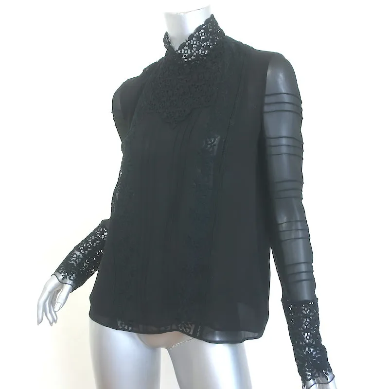 Giambattista Valli Blouse en Soie Noire avec Dentelle au Crochet Taille 42 Manches Longues