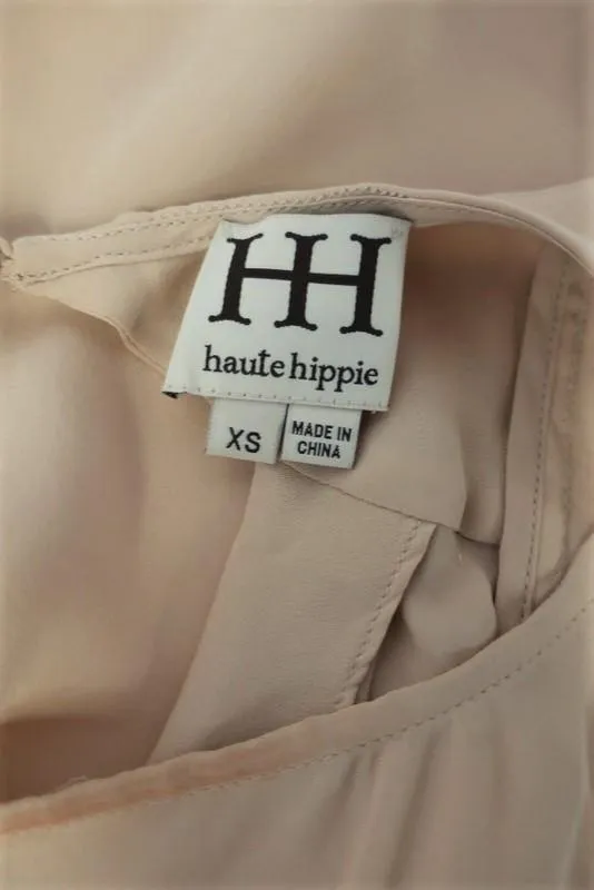Haute Hippie Blouse Beige en Soie avec Garniture à Paillettes Taille Très Petit Dos en Col Claudine
