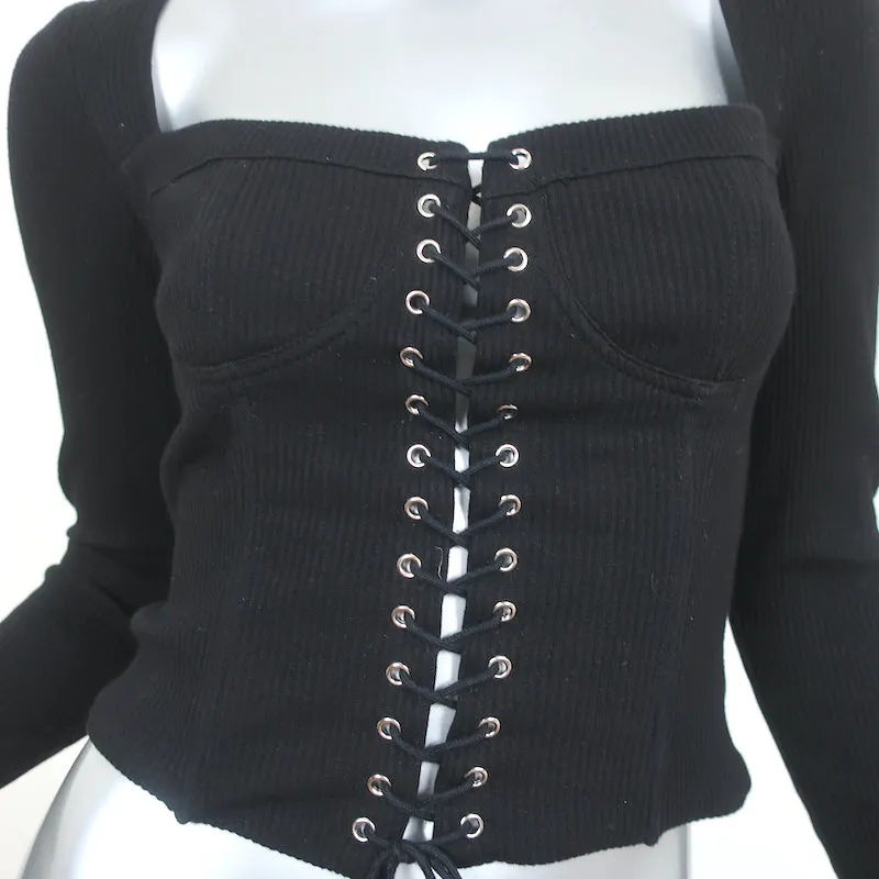I.AM.GIA Portia Corsage à Manches Longues à Lacets Noir en Côtelé Taille S