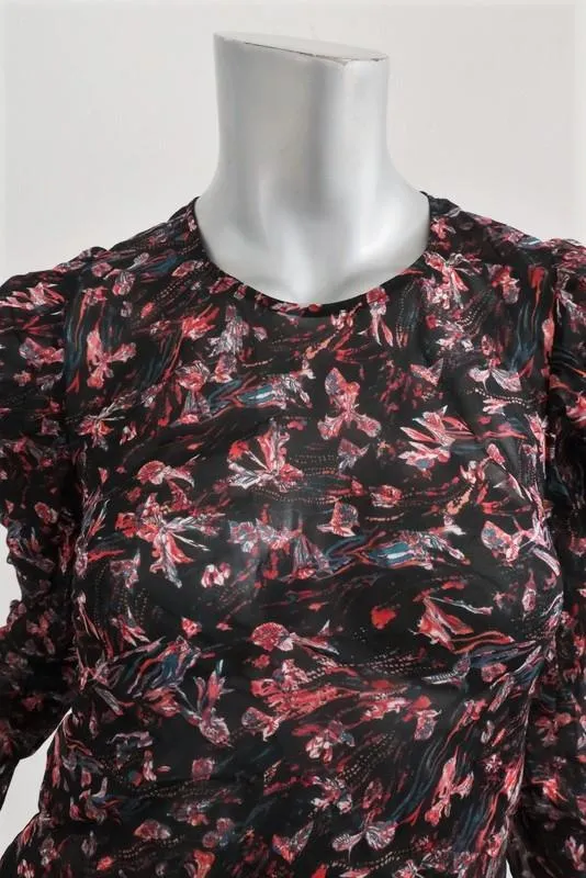 IRO Blouse Lou Noir Imprimé Crêpe Transparent Taille 34 Haut à Manches Longues