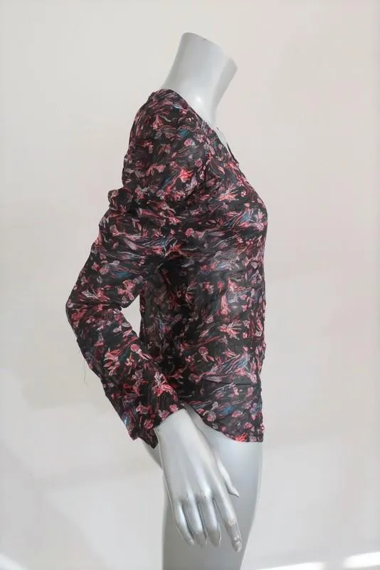 IRO Blouse Lou Noir Imprimé Crêpe Transparent Taille 34 Haut à Manches Longues