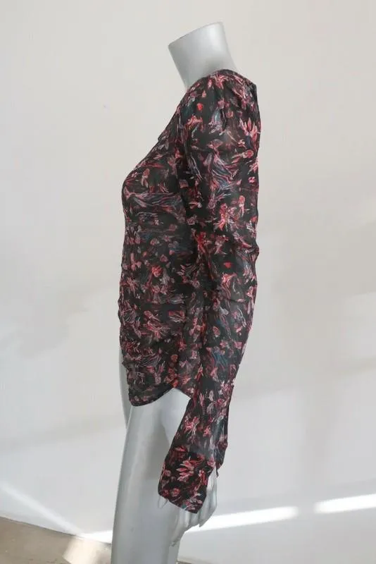 IRO Blouse Lou Noir Imprimé Crêpe Transparent Taille 34 Haut à Manches Longues