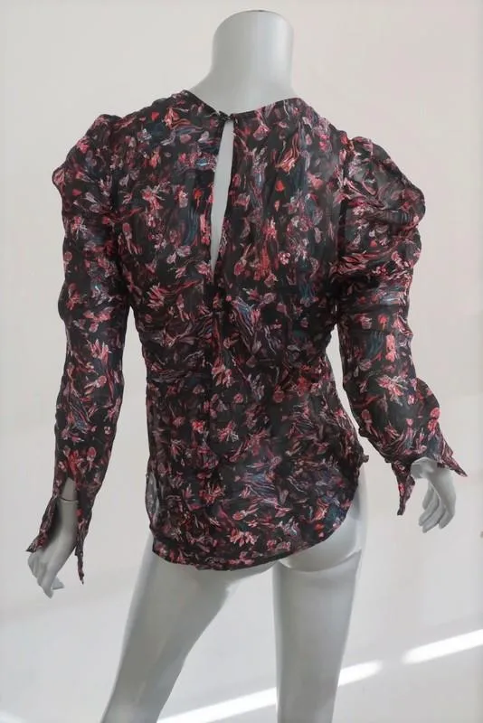 IRO Blouse Lou Noir Imprimé Crêpe Transparent Taille 34 Haut à Manches Longues