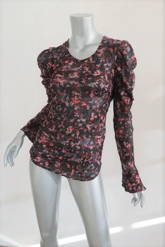 IRO Blouse Lou Noir Imprimé Crêpe Transparent Taille 34 Haut à Manches Longues