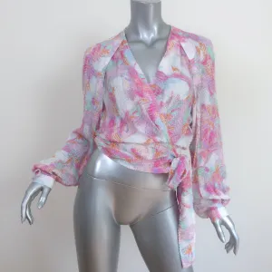 IRO Wrap Blouse Freddi Pink/White Printed Jacquard Size 34 Long Sleeve Top