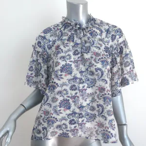 Isabel Marant Blouse Nes White/Blue Paisley Print Silk Size 42 Short Sleeve Top
