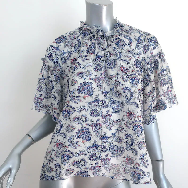Blouse Isabel Marant Nes Blanc/Bleu Imprimé Paisley Soie Taille 42 Manches Courtes Haut