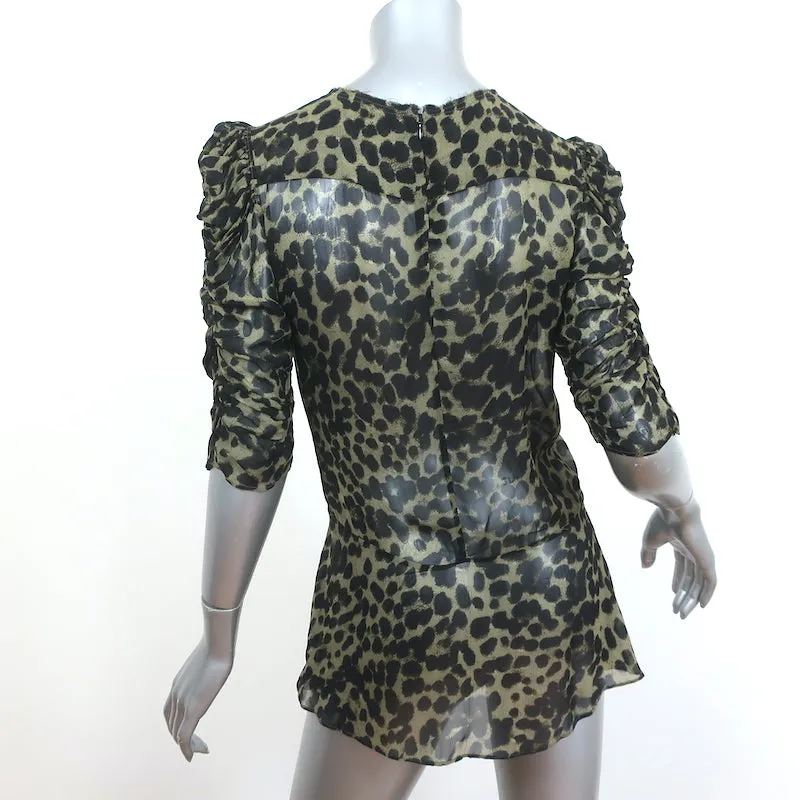 Isabel Marant Etoile Blouse Ruched Caja Imprimé Léopard Olive Taille 38 Manches Courtes