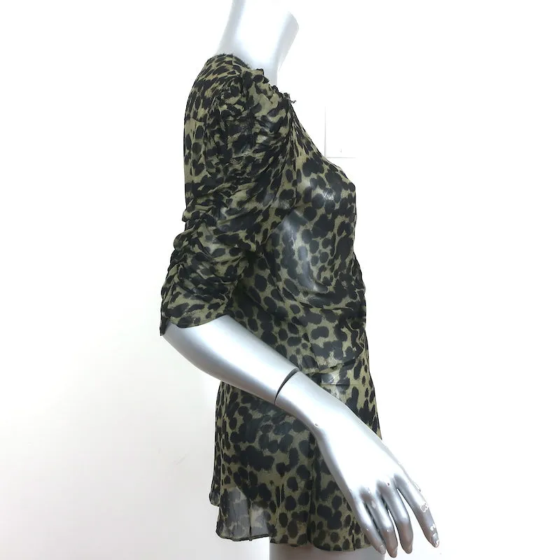 Isabel Marant Etoile Blouse Ruched Caja Imprimé Léopard Olive Taille 38 Manches Courtes