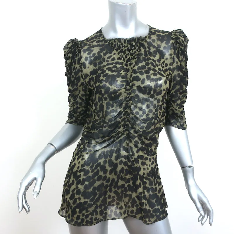 Isabel Marant Etoile Blouse Ruched Caja Imprimé Léopard Olive Taille 38 Manches Courtes
